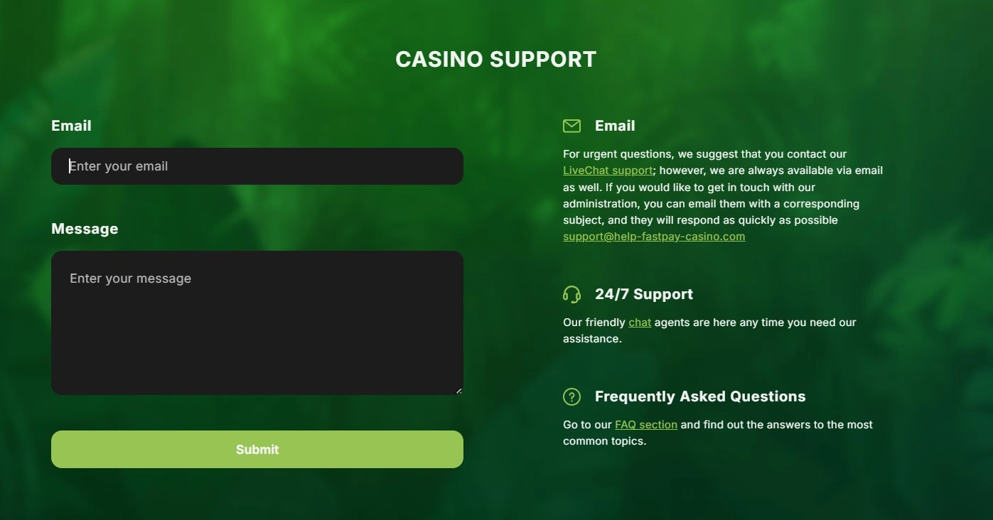 FastPay Casino customer support contact page